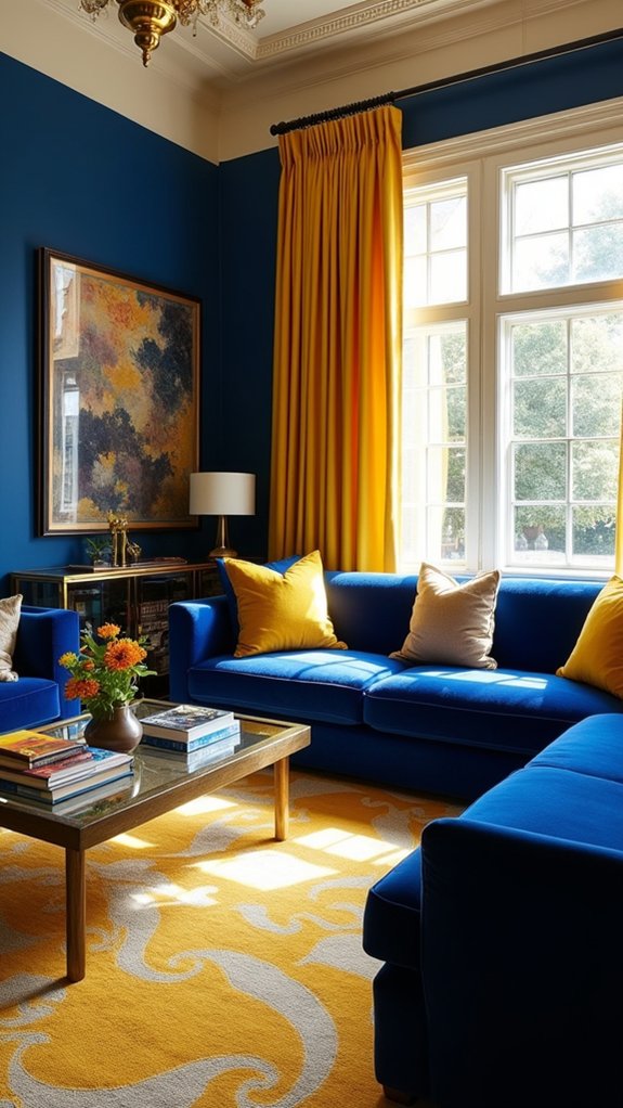 bold cobalt and mustard accents