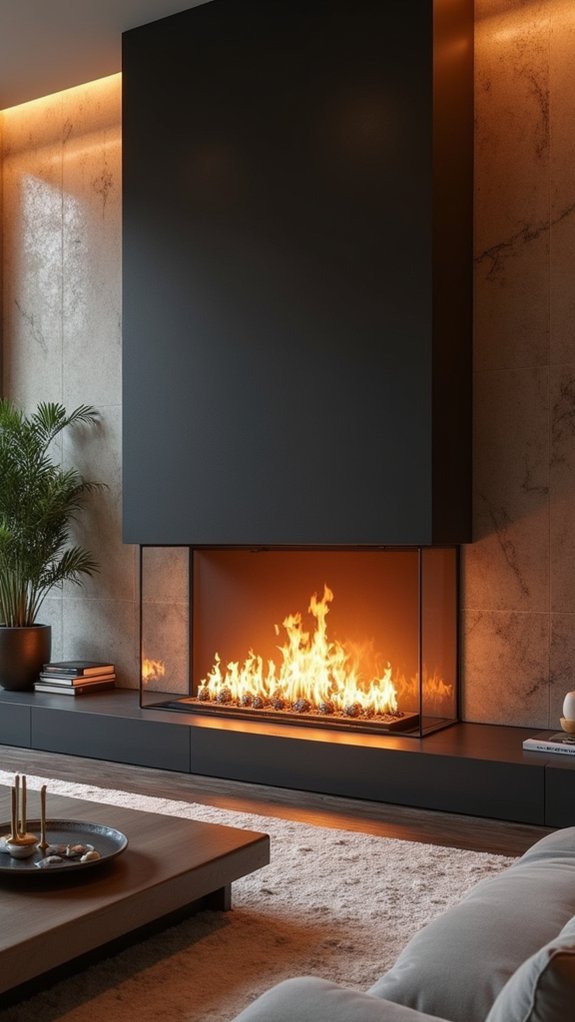 cozy integrated fireplace lighting