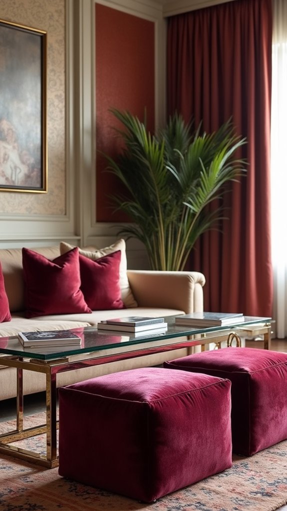luxurious velvet footstools enhance