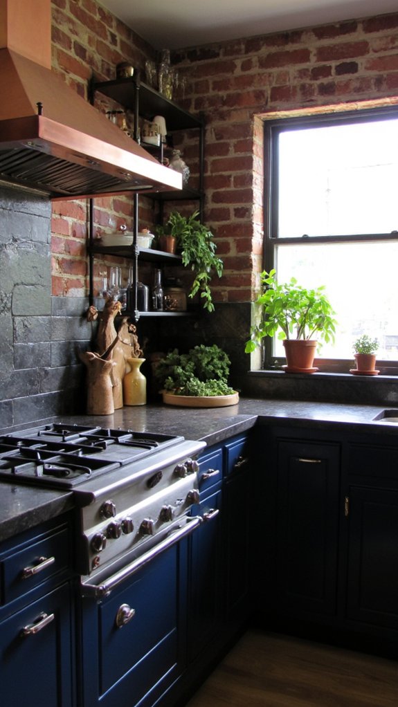 copper accents enhance navy