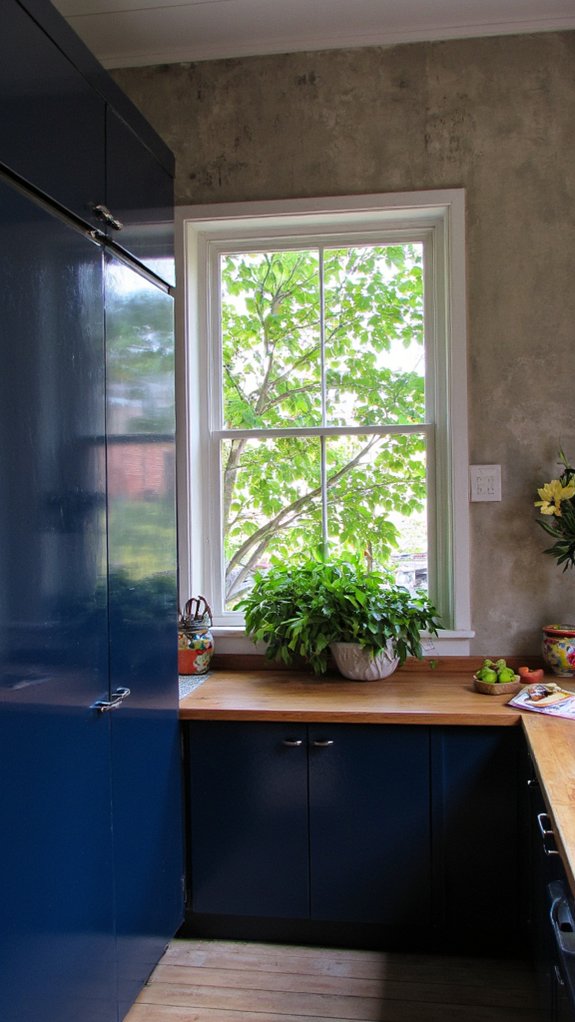 glossy cabinets textured walls