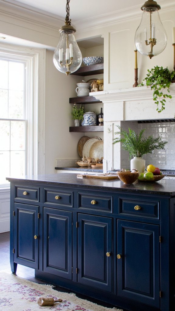 navy island with pendant lighting