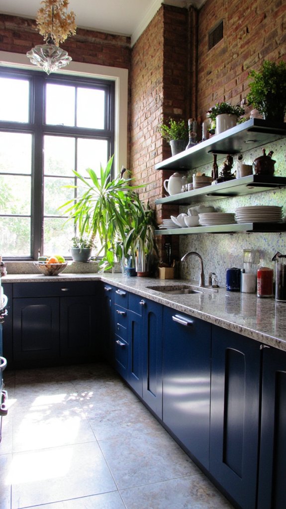navy kitchen with glass elements