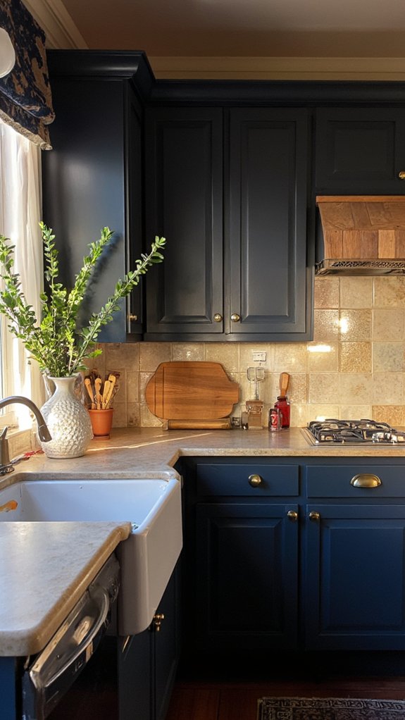 navy kitchen with wood