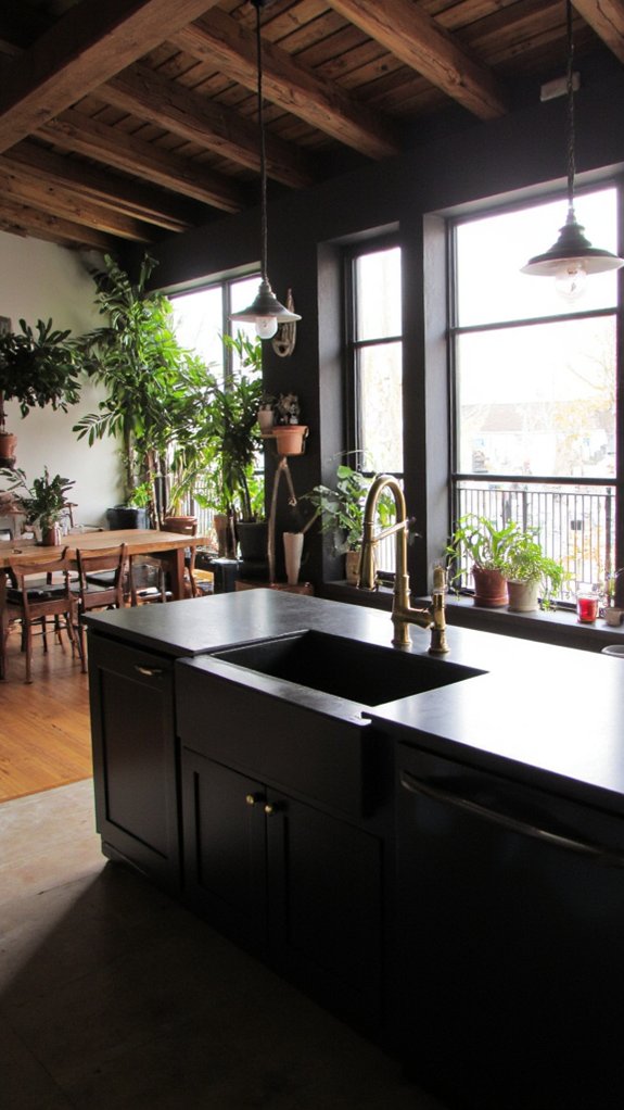 sophisticated open black kitchen