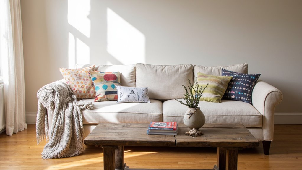 bold patterned beige sofas