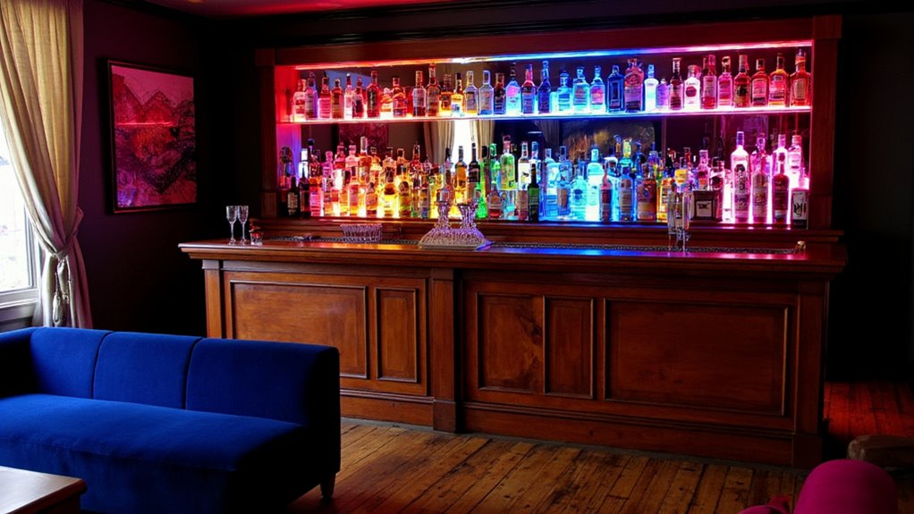 colorful backlit home bar