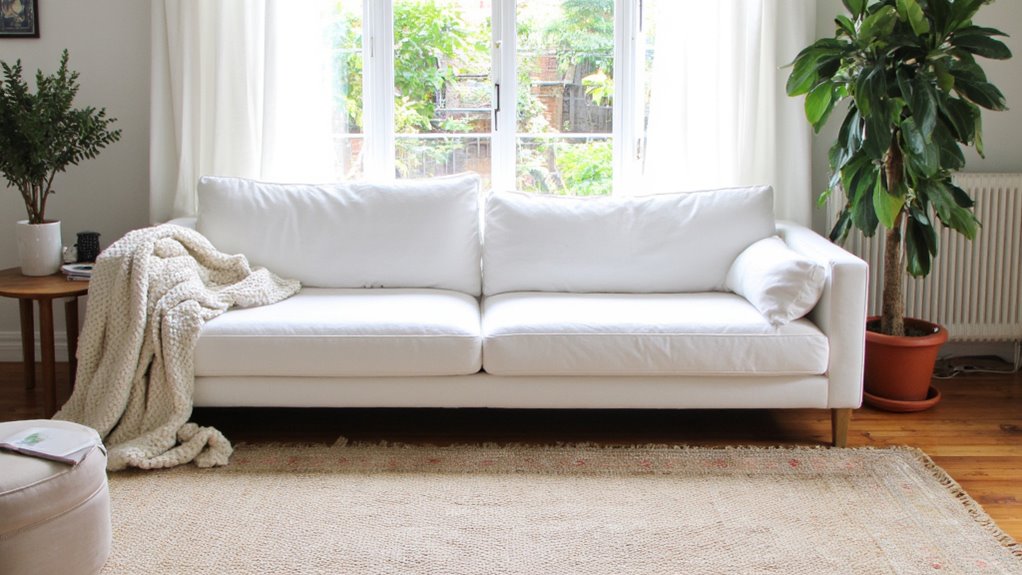 rug complements white sofa