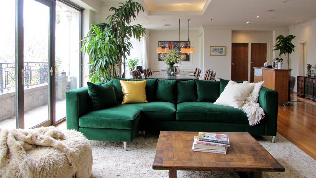 velvet sofa enhances open spaces