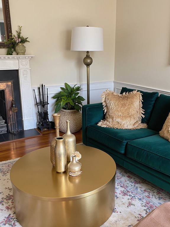 warm metallic accents enhance decor