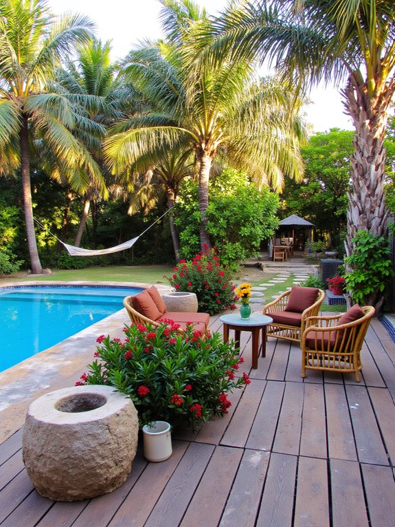 lush tropical poolside oasis