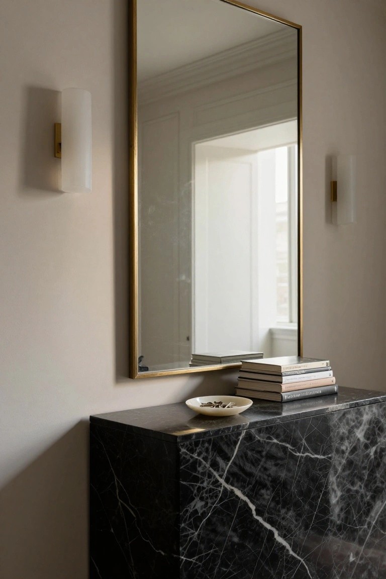 Tall gold-framed mirror mounted above a black marble console table topped with stacked books and a white dish holding keys, beside white wall sconces in a beige hallway.