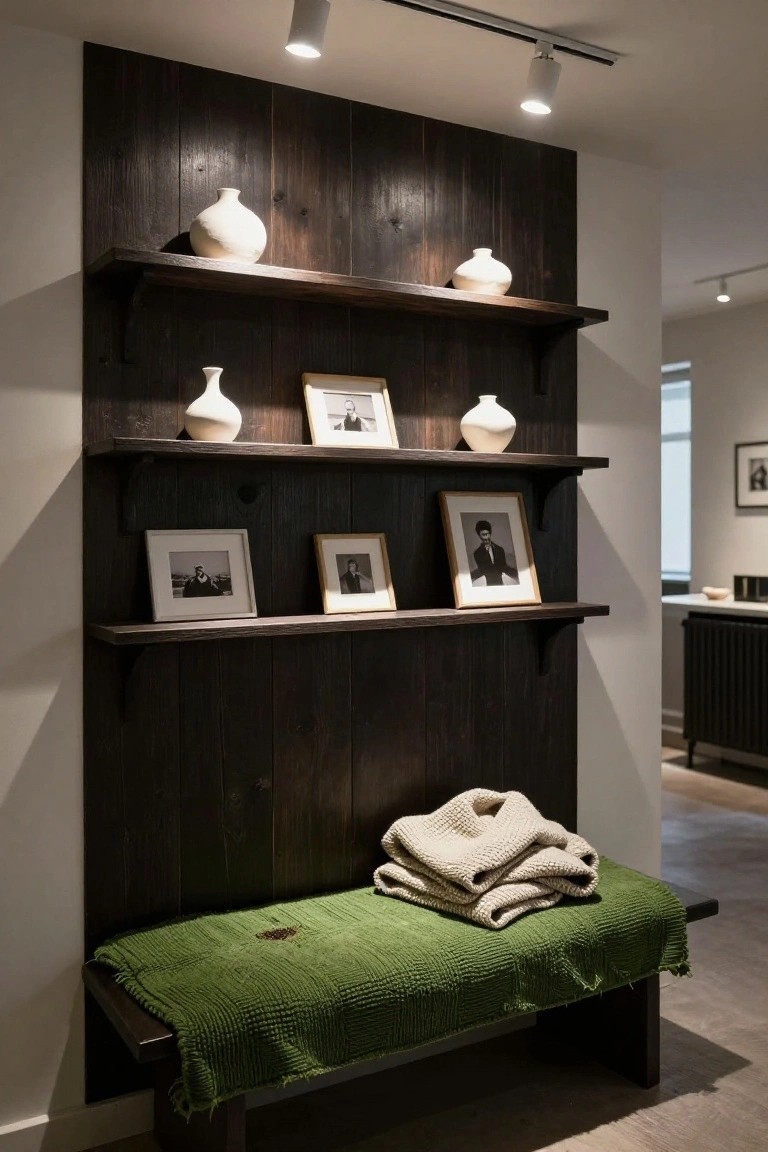Dark wood-paneled wall in a hallway with three tiers of floating shelves displaying white vases and framed black-and-white photos, and a wooden bench at the base covered by a green blanket and beige throw.