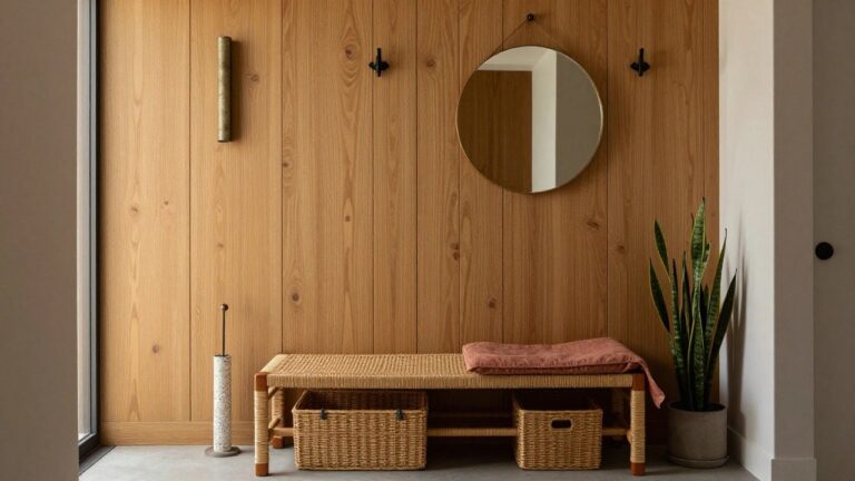 Narrow light wood paneled hallway with round mirror on wall, black coat hooks, rattan bench on black metal frame with orange cushion and wicker basket underneath, snake plant in black pot, white speckled vase on floor, open doorway to stairs.