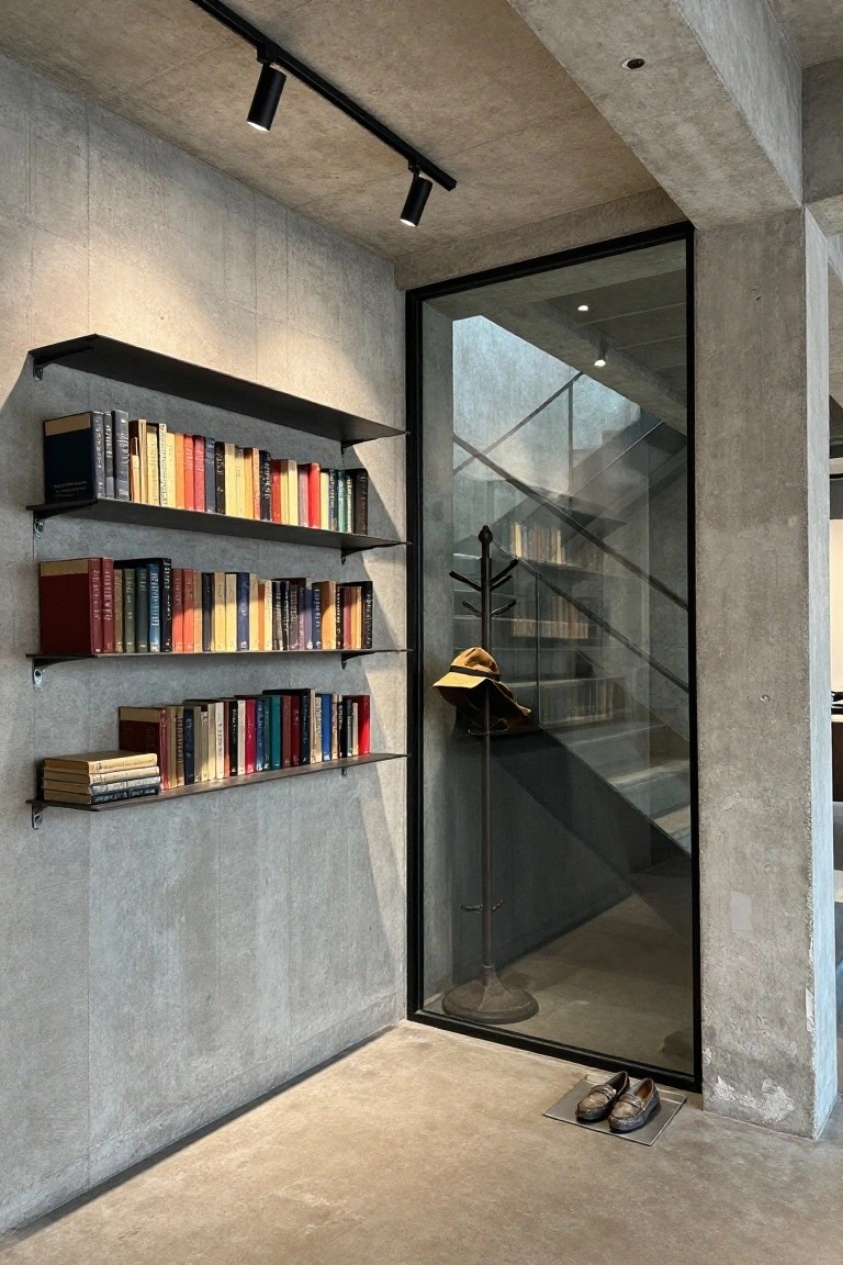 Modern interior hallway with exposed concrete walls lined by three tiers of black floating metal bookshelves filled with assorted books, a metal coat rack holding a hat, a glass door revealing stairs, and brown loafers on a metal tray by the entrance.