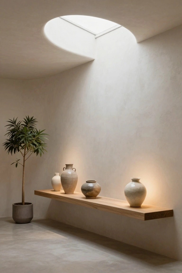White interior room with circular skylight, wooden floating shelf holding several beige ceramic vases, potted palm plant on concrete floor.