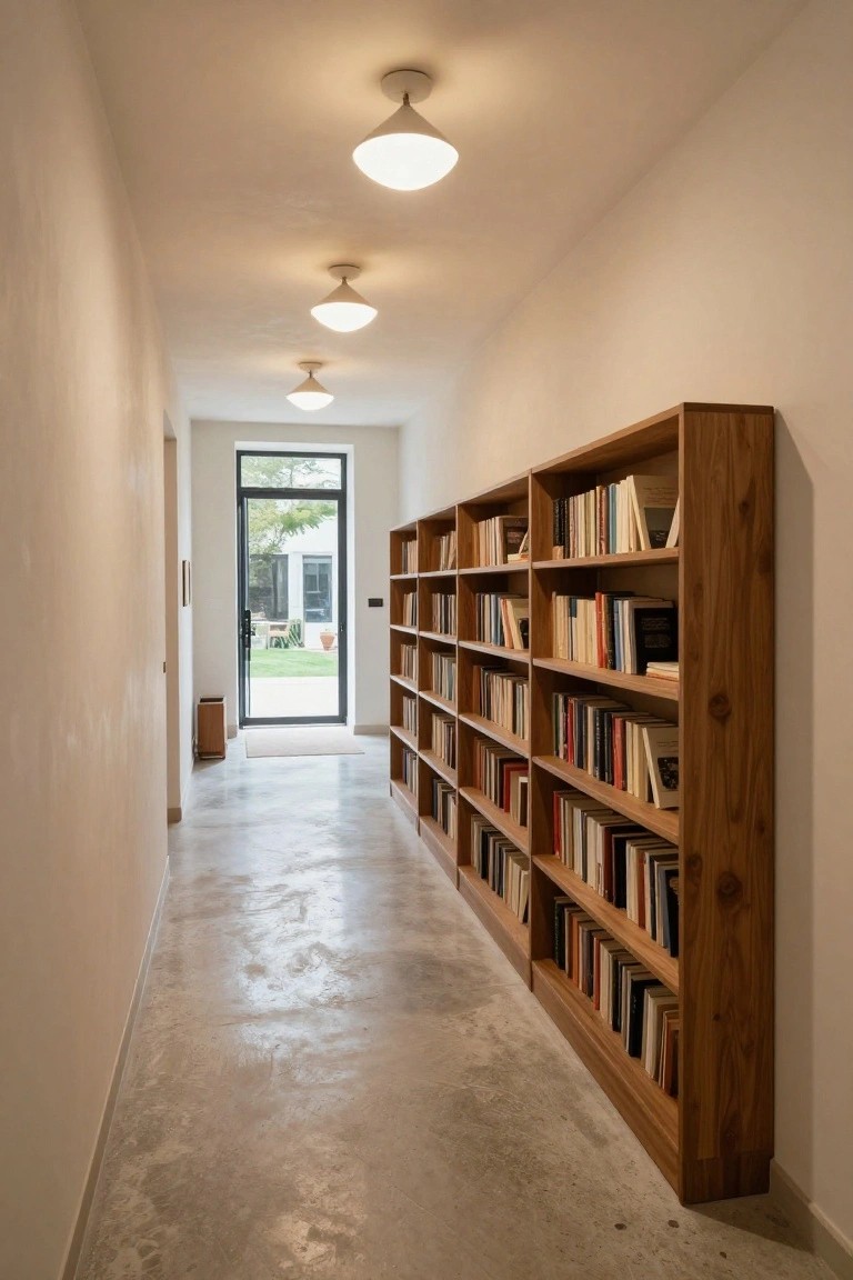 Long narrow interior hallway with floor-to-ceiling wooden bookshelves lining one wall, white plaster walls, polished concrete floor, recessed ceiling lights, and a large glass door at the end overlooking a garden.