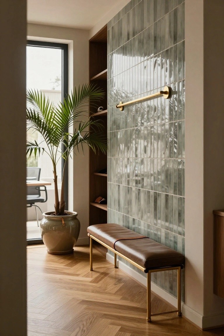 Narrow modern hallway with a feature wall of vertical glossy green subway tiles, gold towel rail, adjacent wooden shelving unit, large potted palm in ceramic pot, brown leather bench on gold metal legs, herringbone wood flooring, and large window to adjacent room.