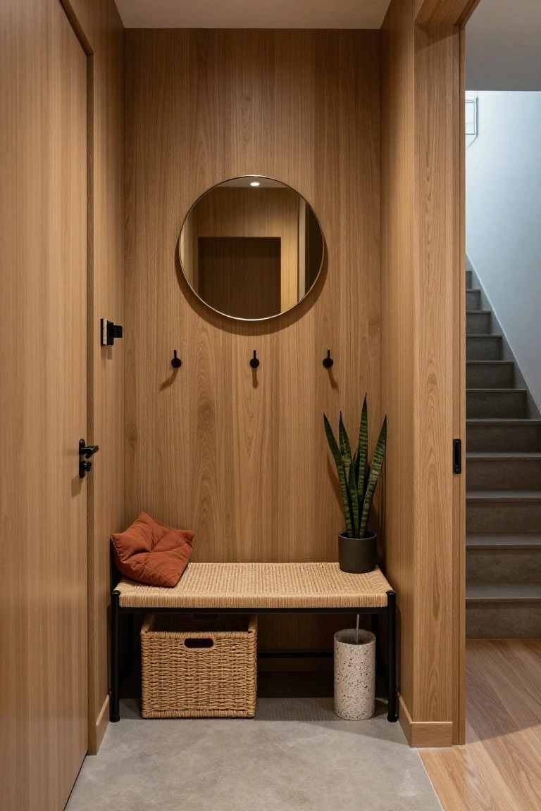 Narrow light wood paneled hallway with round mirror on wall, black coat hooks, rattan bench on black metal frame with orange cushion and wicker basket underneath, snake plant in black pot, white speckled vase on floor, open doorway to stairs.