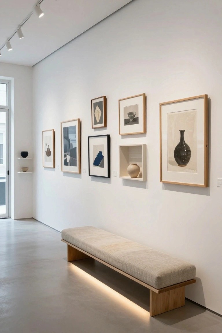 White-walled modern hallway displaying assorted framed artworks including abstracts and vase still lifes, floating shelves with ceramic pots, track lighting overhead, and a low wooden bench with beige fabric seat on polished concrete floor.