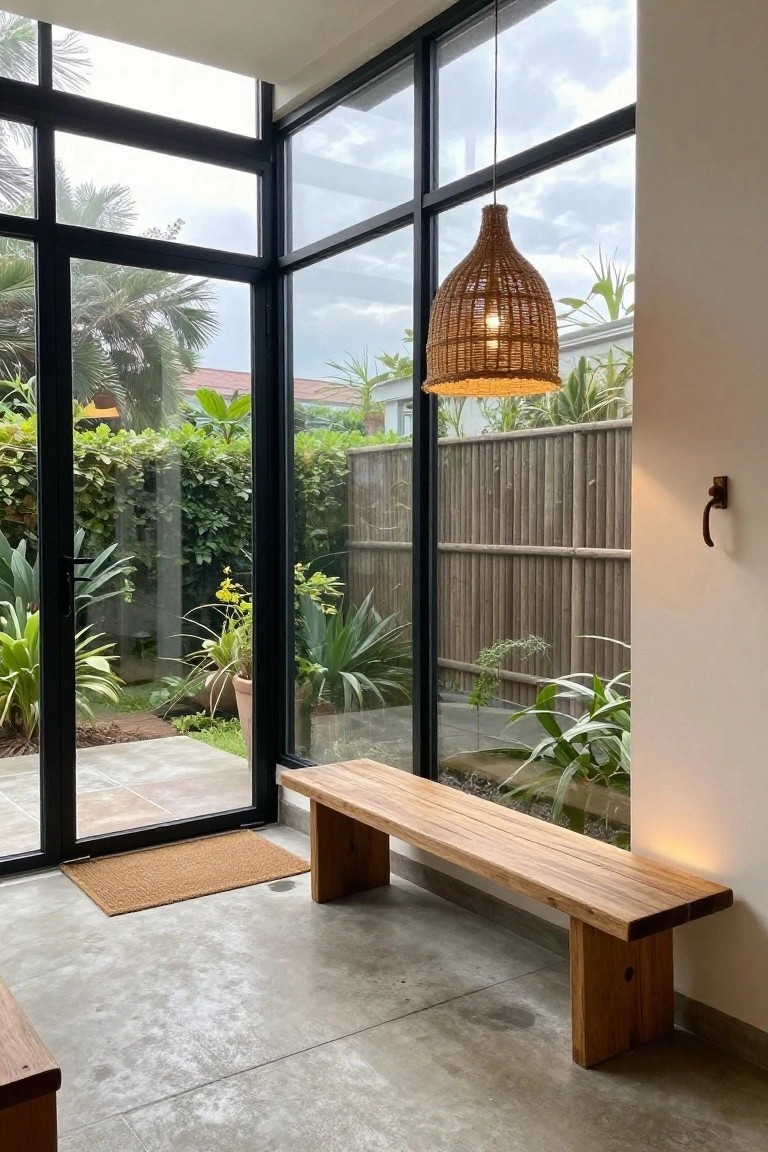 Modern interior hallway with black-framed floor-to-ceiling glass doors opening to a lush tropical garden, a long natural wood bench against the glass wall, woven pendant light hanging from the ceiling, and polished concrete floor.