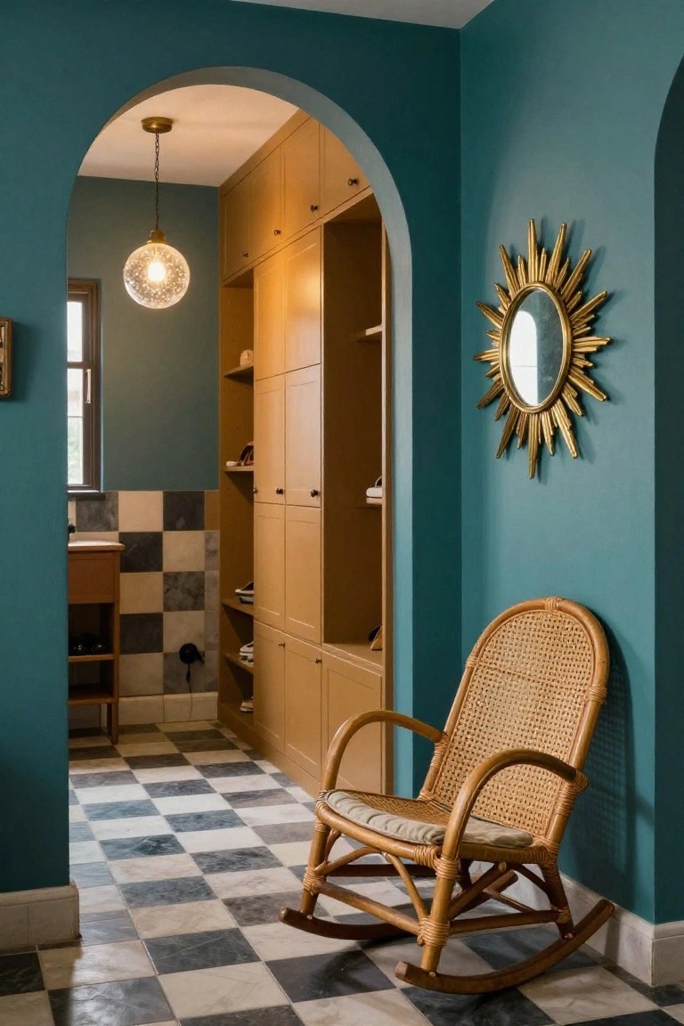Teal hallway with tall wooden built-in cabinets flanking an arched doorway to a checkered tile area with sink, plus a rattan rocking chair on the floor.