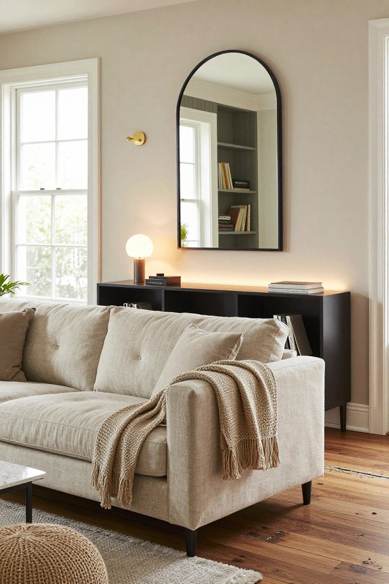 Living room corner featuring a light beige tufted sofa draped with a knit throw next to a black shelving console with books and a lamp, topped by a large arched black mirror, globe light, potted plant, marble coffee table, and wood floors.