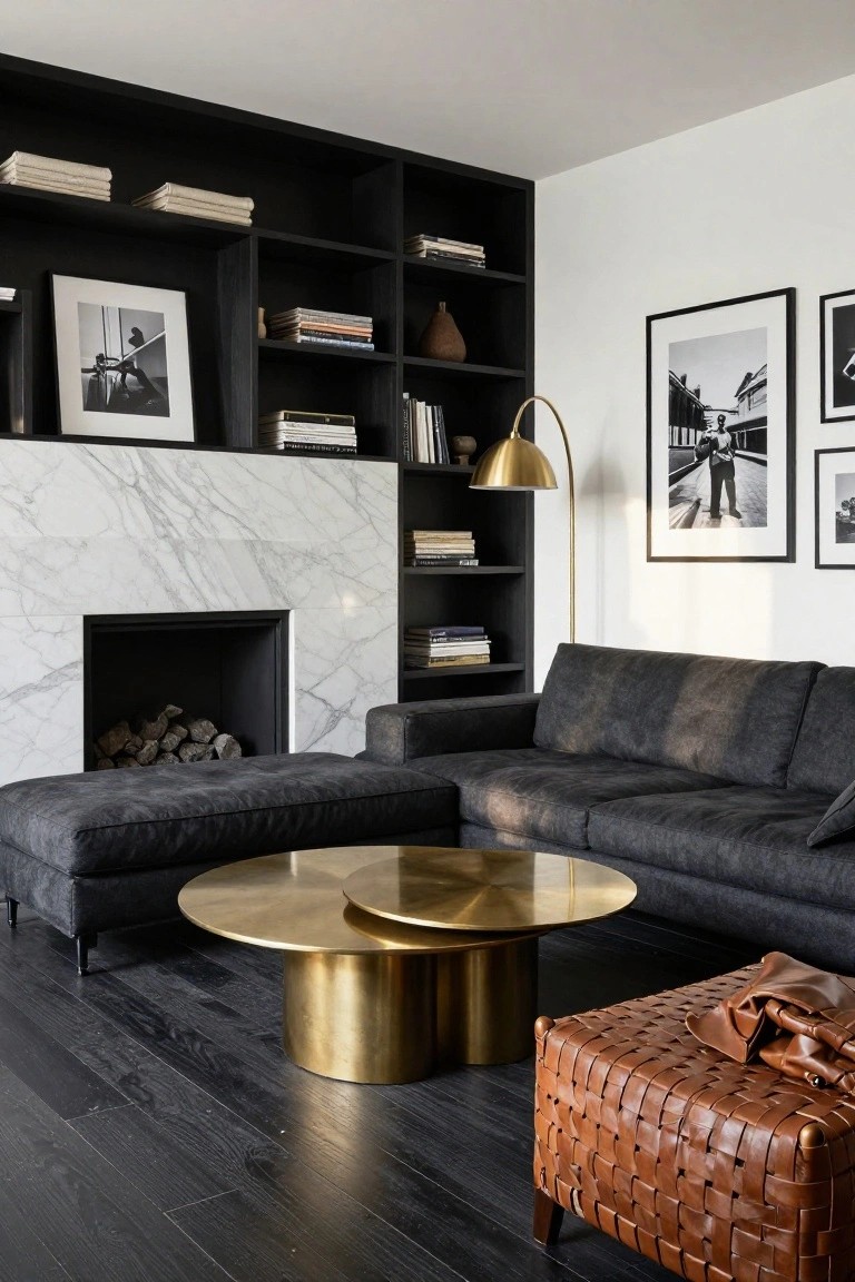 Modern living room with black built-in bookshelves flanking a white marble fireplace, dark gray L-shaped sofa and chaise, nested round brass coffee tables, gold arc lamp, black-and-white photos, and brown wicker ottoman on dark wood floors.
