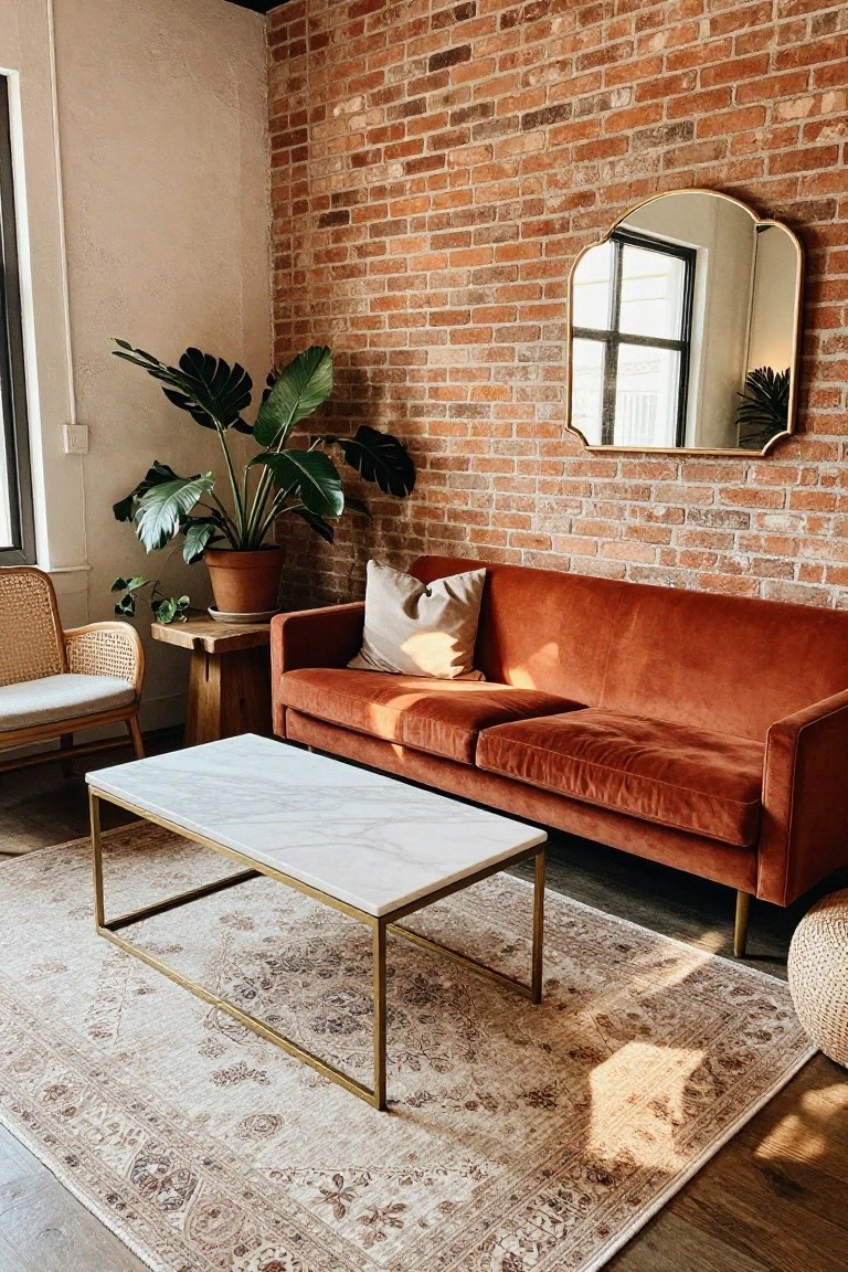 Living room with exposed brick wall, burnt orange velvet sofa, rattan armchair, white marble-top coffee table on brass legs, large potted monstera plant, gold arched mirror, and woven pouf on a beige patterned rug.