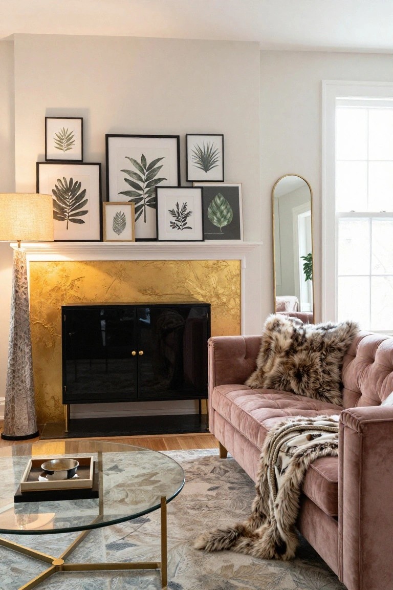 Living room with textured gold fireplace surround and black cabinet base, gallery wall of black-framed botanical leaf prints above mantel, tall gold lamp, pink velvet tufted sofa with fur pillows and throw, round glass coffee table with brass base on patterned rug, full-length gold mirror, and window.