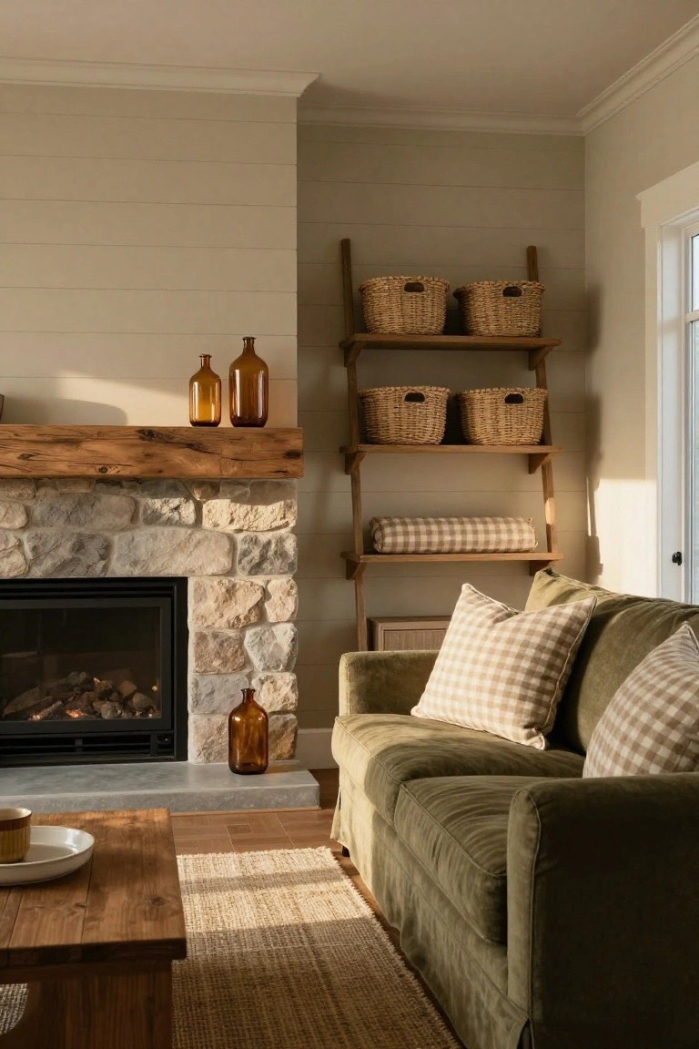 Living room corner with a stone fireplace under a reclaimed wood mantel, green velvet sofa with plaid pillows, leaning wooden ladder shelf holding wicker baskets and a folded blanket, wooden coffee table, and beige shiplap walls.