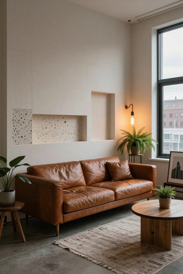 Tan leather sofa with cushions on polished concrete floor in a minimalist living room with textured white walls featuring a recessed niche, wooden coffee table, potted plants, a rug, and large windows.