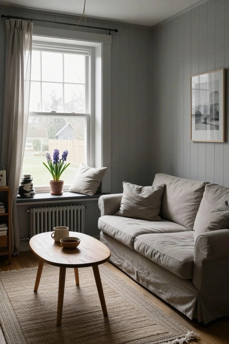 Light gray vertically paneled walls in a cozy living room with a beige slipcovered sofa, oval wooden coffee table, potted hyacinths on the windowsill above a radiator, and neutral cushions.