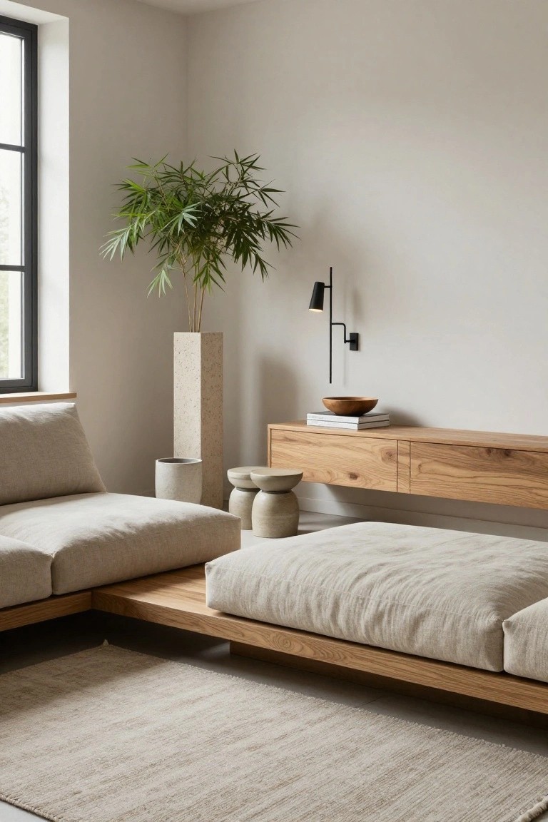 Minimalist living room corner featuring a low beige linen sofa and platform daybed on oak wood base, wooden floating shelves with books and bowl, pair of ceramic stools, tall potted plant in stone vase, black wall lamp, and neutral rug on light floor.