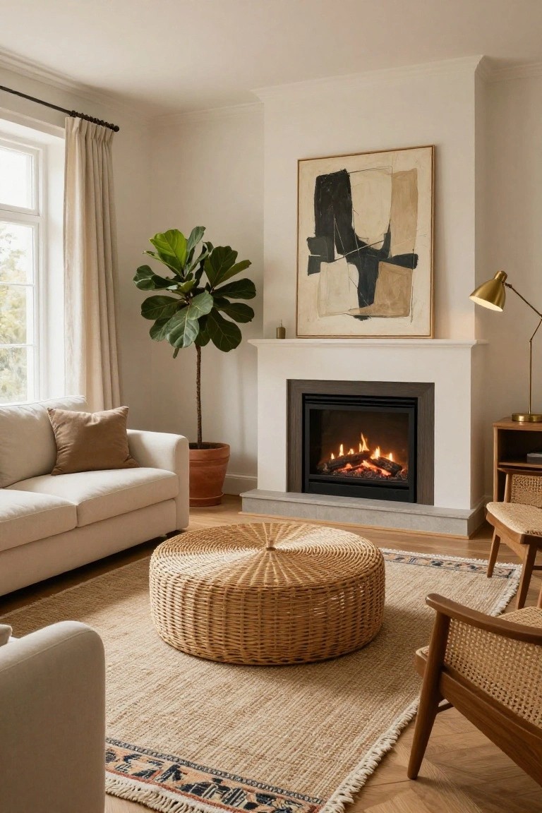 Neutral-toned living room with cream sofa, large round woven ottoman on jute rug, two rattan chairs, tall ficus plant in terracotta pot, white fireplace with gas flames, abstract black and white painting above mantel, and gold lamp on wood side table.