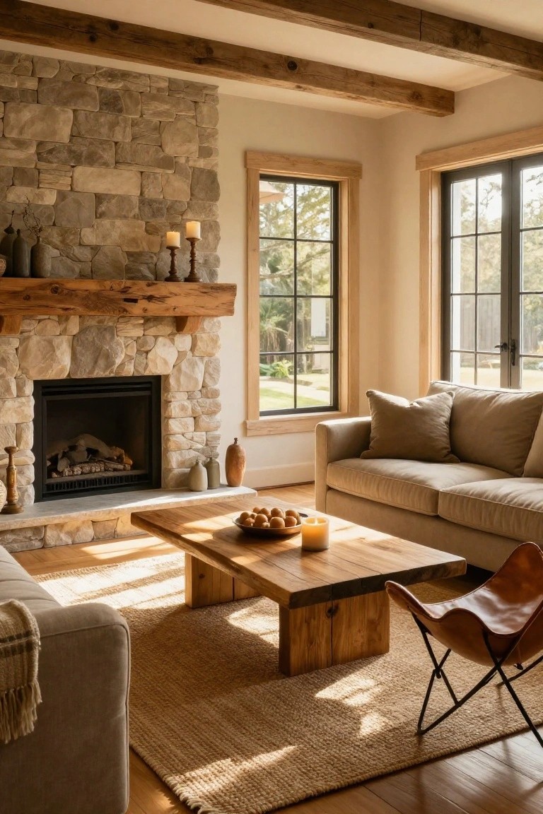 Sunlit living room interior with stacked stone fireplace and wooden mantel, beige sofa, low wooden coffee table with fruit bowl and candle, tan leather chair, jute rug, and large windows overlooking garden.