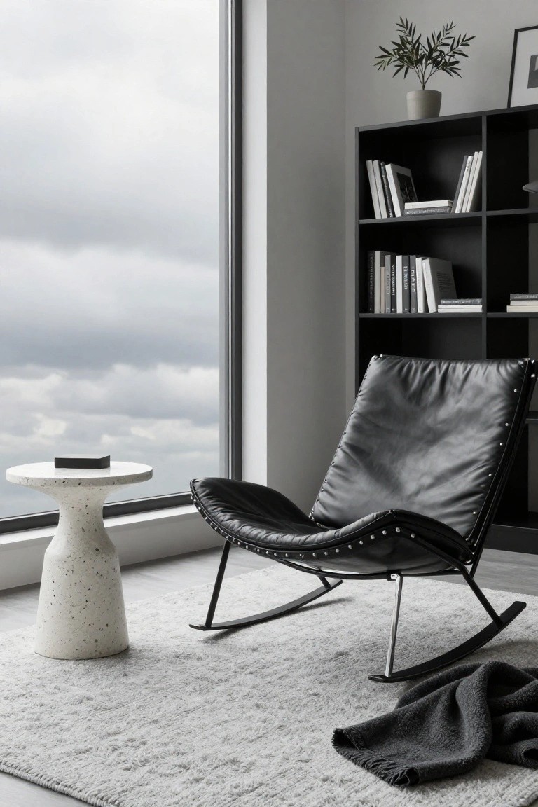 Black studded leather rocking chair beside a white terrazzo pedestal table in a minimalist living room with large window, black bookshelf, potted plant, and gray rug.