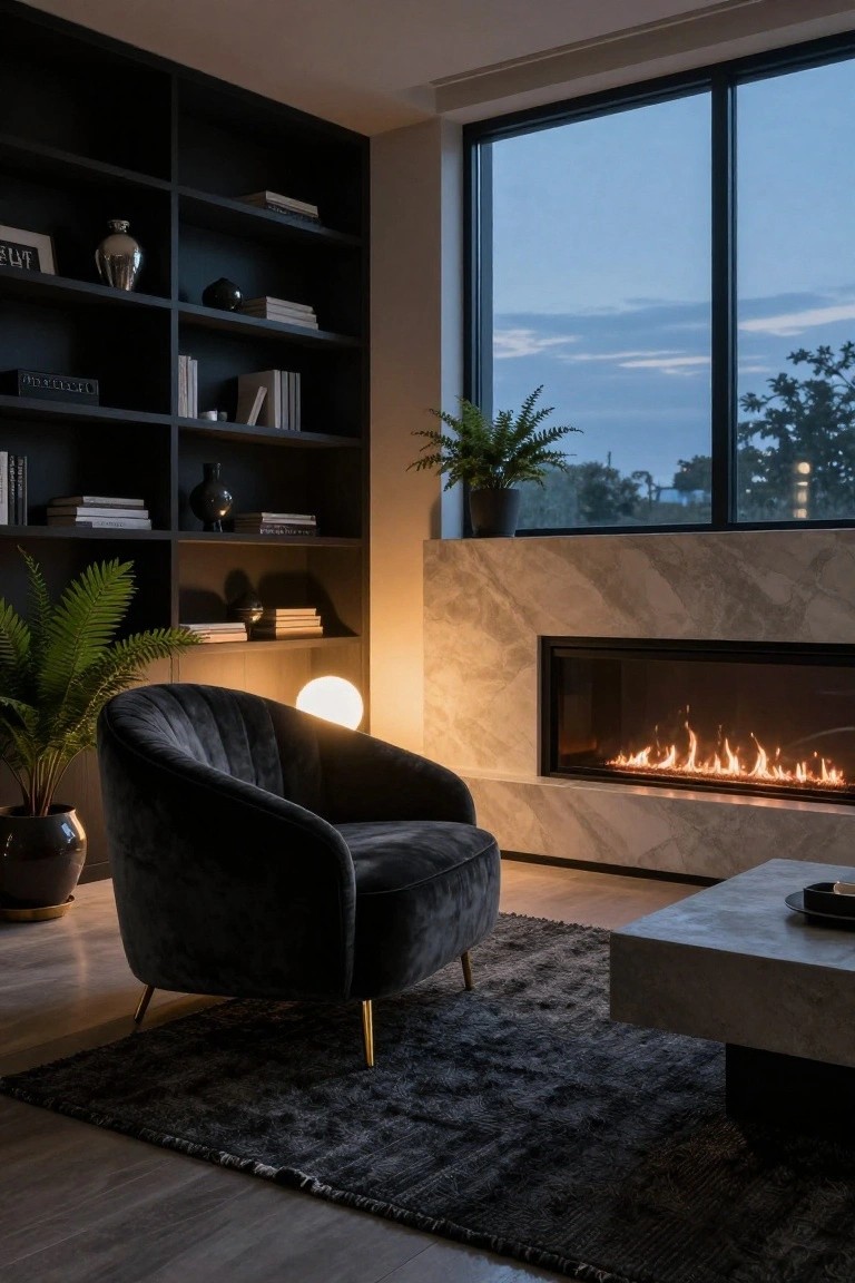 Contemporary living room with black velvet curved armchair near linear gas fireplace, black bookshelves, potted plants, concrete coffee table, and large window at dusk.