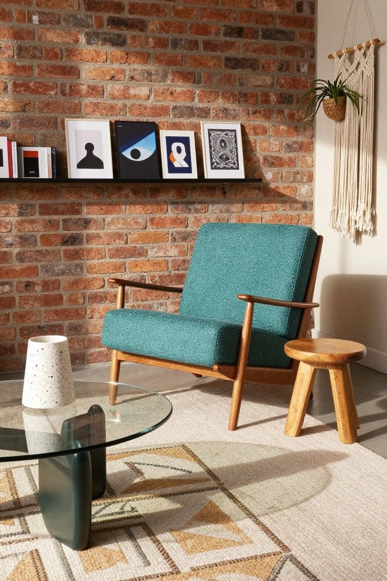 Teal upholstered armchair with wooden arms and legs in a corner of a room with exposed brick wall, floating shelves holding art and books, wooden stool, glass-topped coffee table, and woven rug.