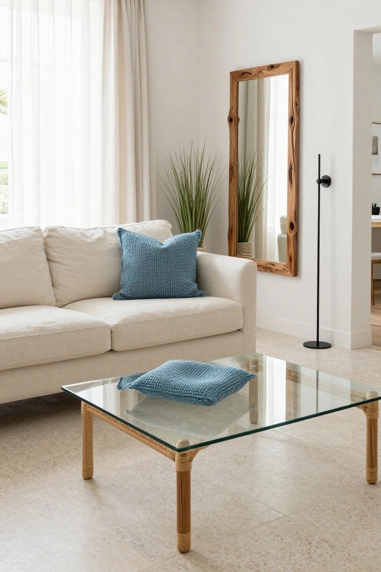 A contemporary living room with a cream fabric sofa topped with blue knit pillows and throw, a clear glass coffee table on rattan legs, tall wood mirror, potted grasses, and sheer window curtains.