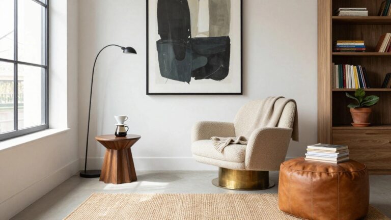 Tan tufted leather swivel armchair with cream knit throw in a sunlit living room corner, beside a wooden pedestal side table holding a pour-over coffee setup, with houseplants, abstract wall art, arc lamp, and window view.