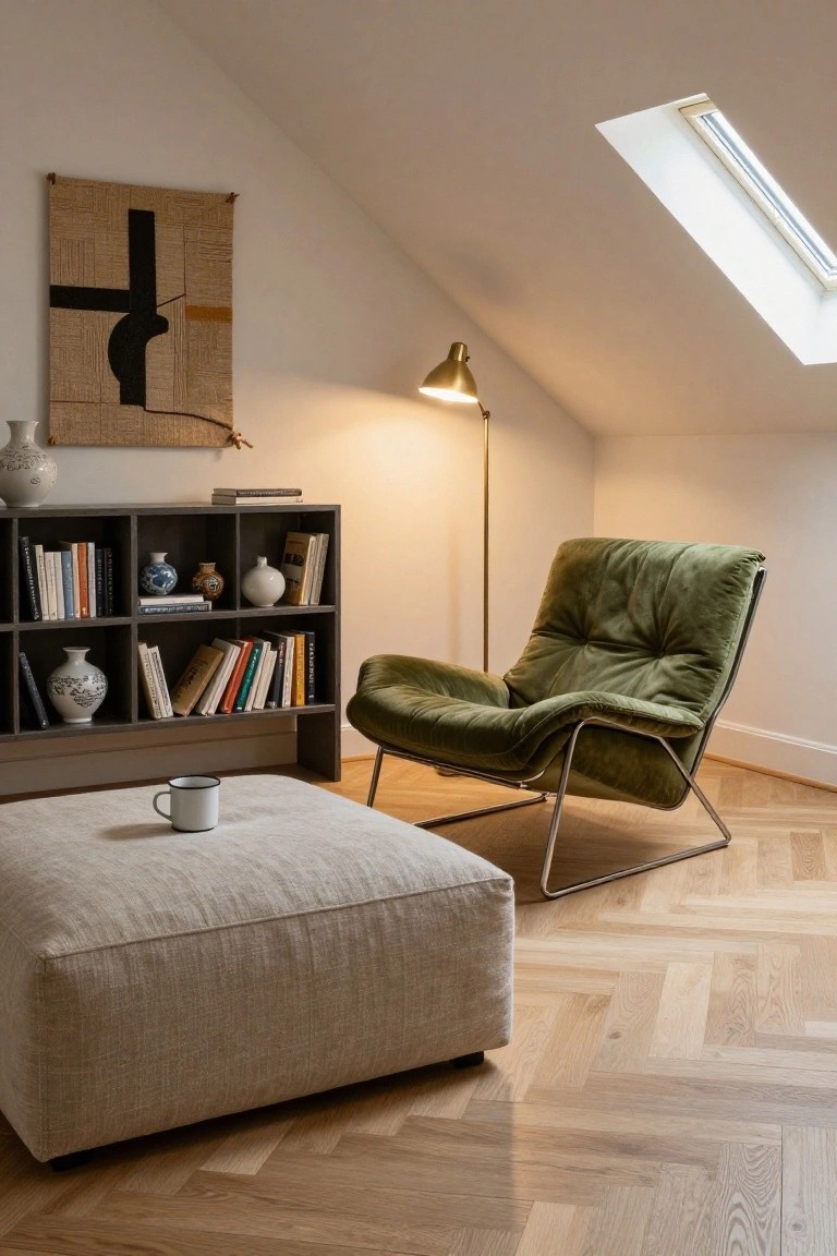 Green velvet lounge chair with metal legs next to a low dark wood bookshelf filled with books and ceramics, beige fabric ottoman in front, brass arc lamp, and herringbone parquet wood floor in a room with sloped ceiling and skylight.