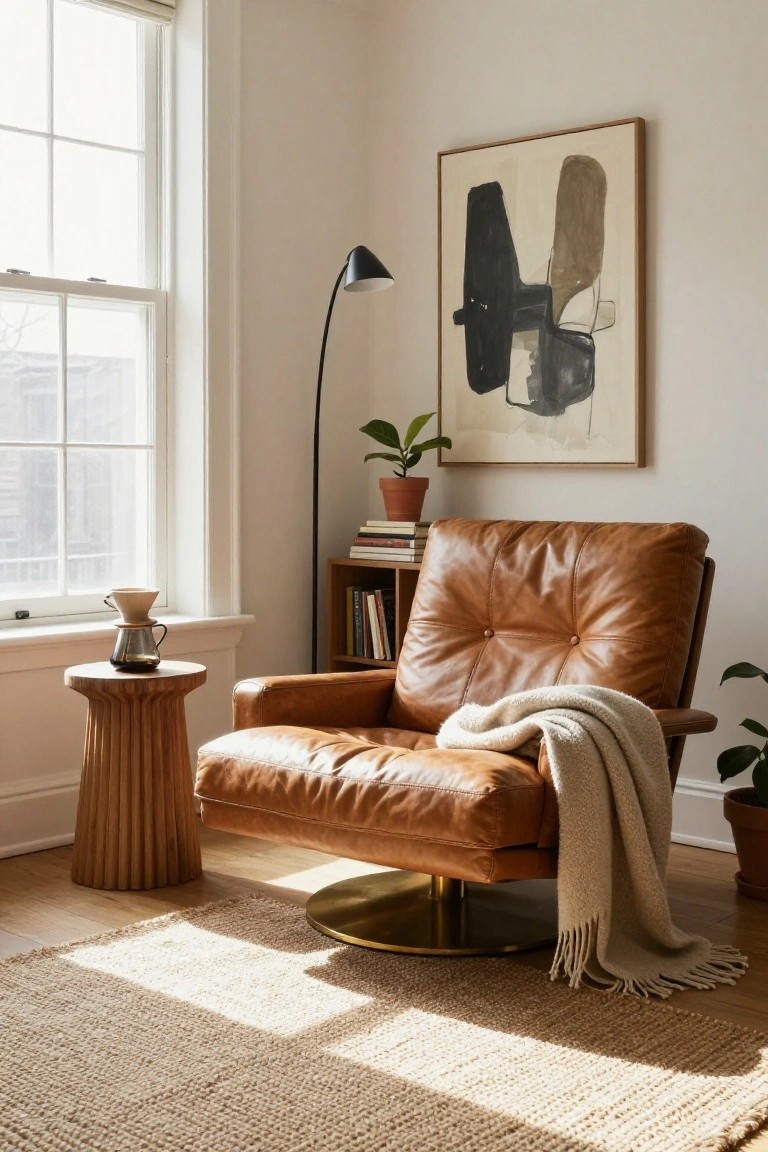 Tan tufted leather swivel armchair with cream knit throw in a sunlit living room corner, beside a wooden pedestal side table holding a pour-over coffee setup, with houseplants, abstract wall art, arc lamp, and window view.