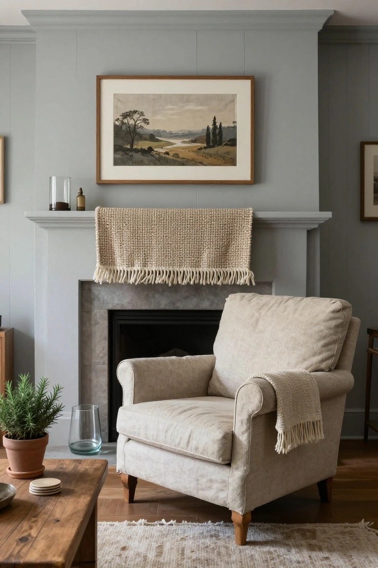 A cream-colored linen armchair with a draped fringed throw sits beside a stone fireplace in a light gray paneled living room, next to a rustic wooden coffee table and a potted rosemary plant.