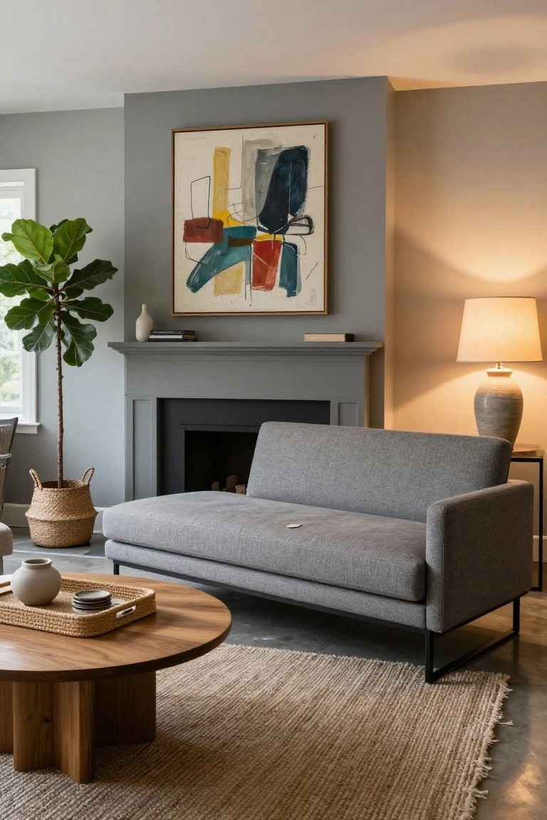 A contemporary living room with a low gray fabric sofa on black metal legs facing a fireplace, round wooden coffee table on seagrass rug, fiddle leaf fig plant in basket, and abstract art above mantel.