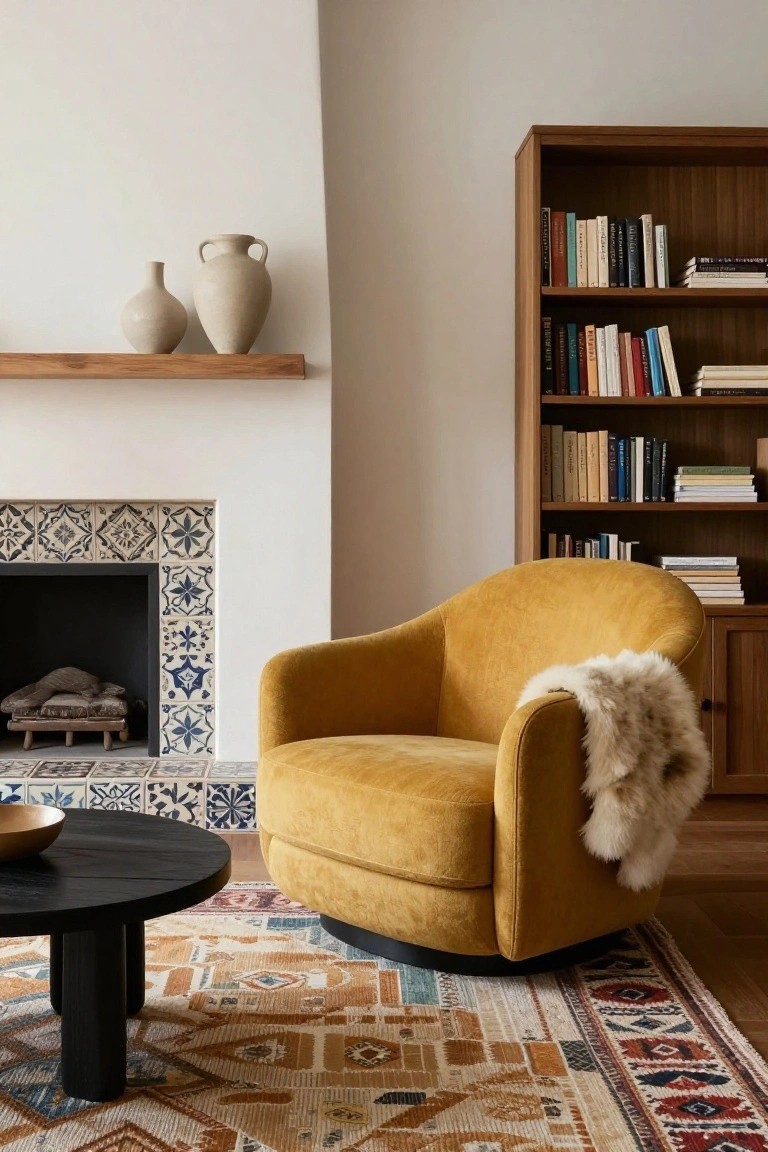 Mustard yellow velvet swivel armchair with a sheepskin throw on the arm, positioned near a fireplace with blue-and-white tiled surround, beside a black round coffee table on a patterned rug in a living room with wooden bookshelves.