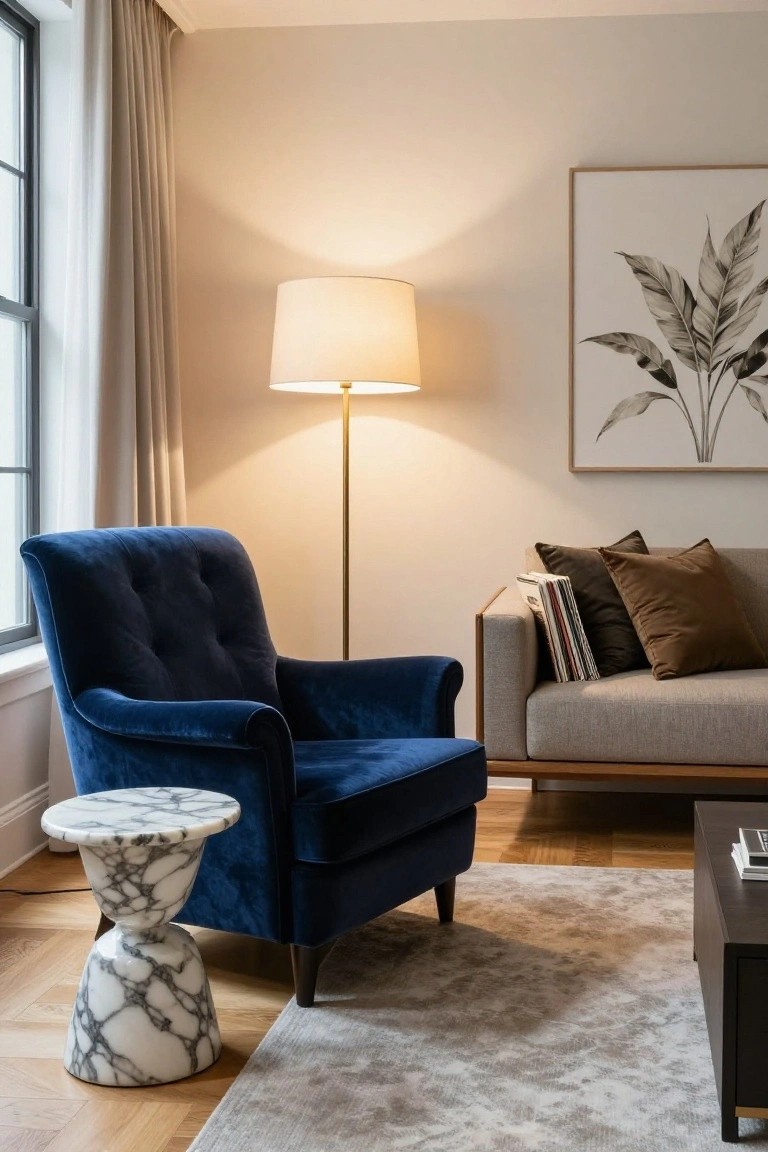 Navy blue velvet tufted armchair beside a white marble pedestal side table in a contemporary living room with beige sofa, floor lamp, and window.