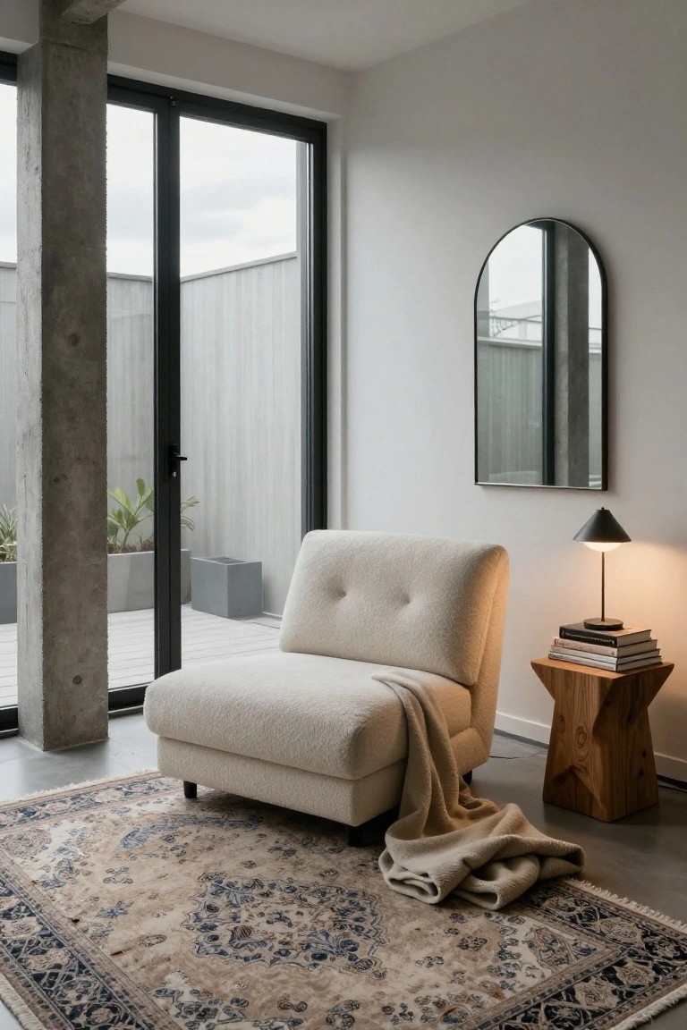 Cream-colored plush bouclé armchair with a beige throw draped over it next to a wooden tripod stool table topped with a black lamp and stacked books, on a blue and beige Persian-style rug in a contemporary room with concrete pillar and large glass doors.