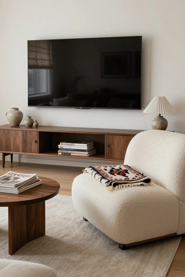 White bouclé armchair draped with a multicolored kilim throw in a contemporary living room with wooden media console under a wall-mounted TV, round wooden coffee table with stacked magazines, ceramic vases, and neutral rug.