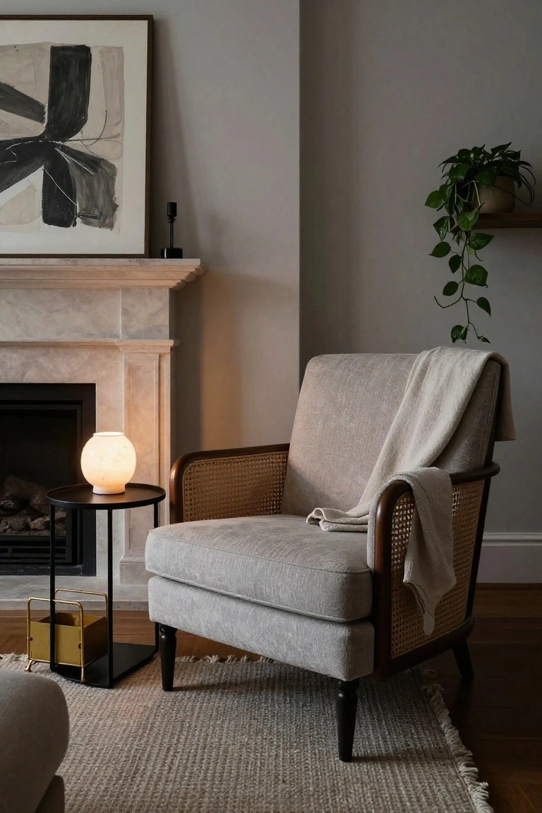 Gray upholstered armchair with rattan arms and back trim, draped with a white throw blanket, beside a black metal side table holding a white globular lamp, positioned near a marble fireplace in a living room corner.